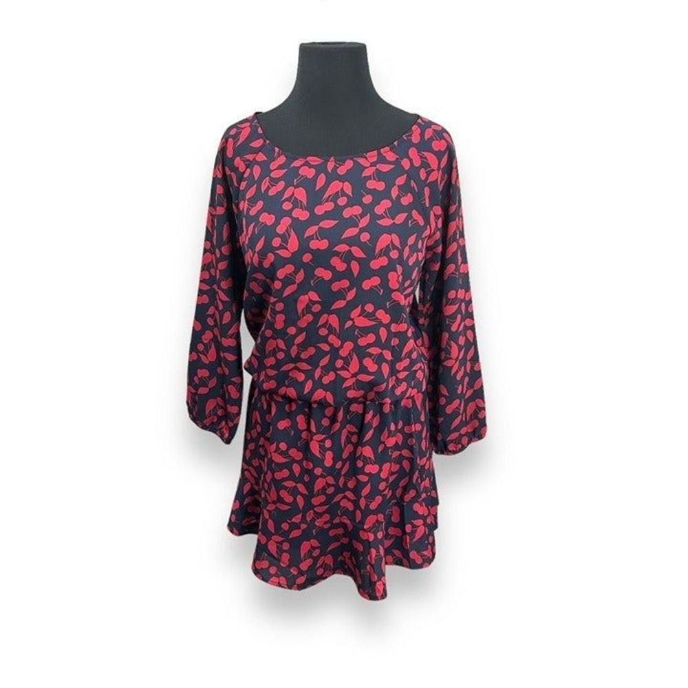 Joie Cherry Print Blouson Long Sleeve Mini Dress Womens XS Navy Red